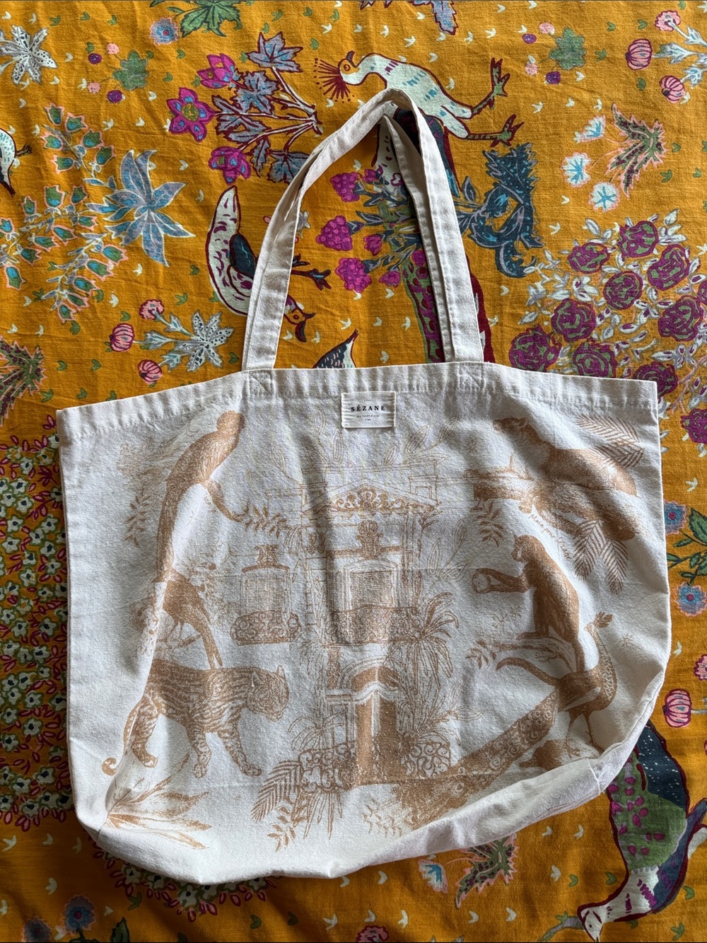 Sezane Cream Canvas Tote with Tan Botanical Print
